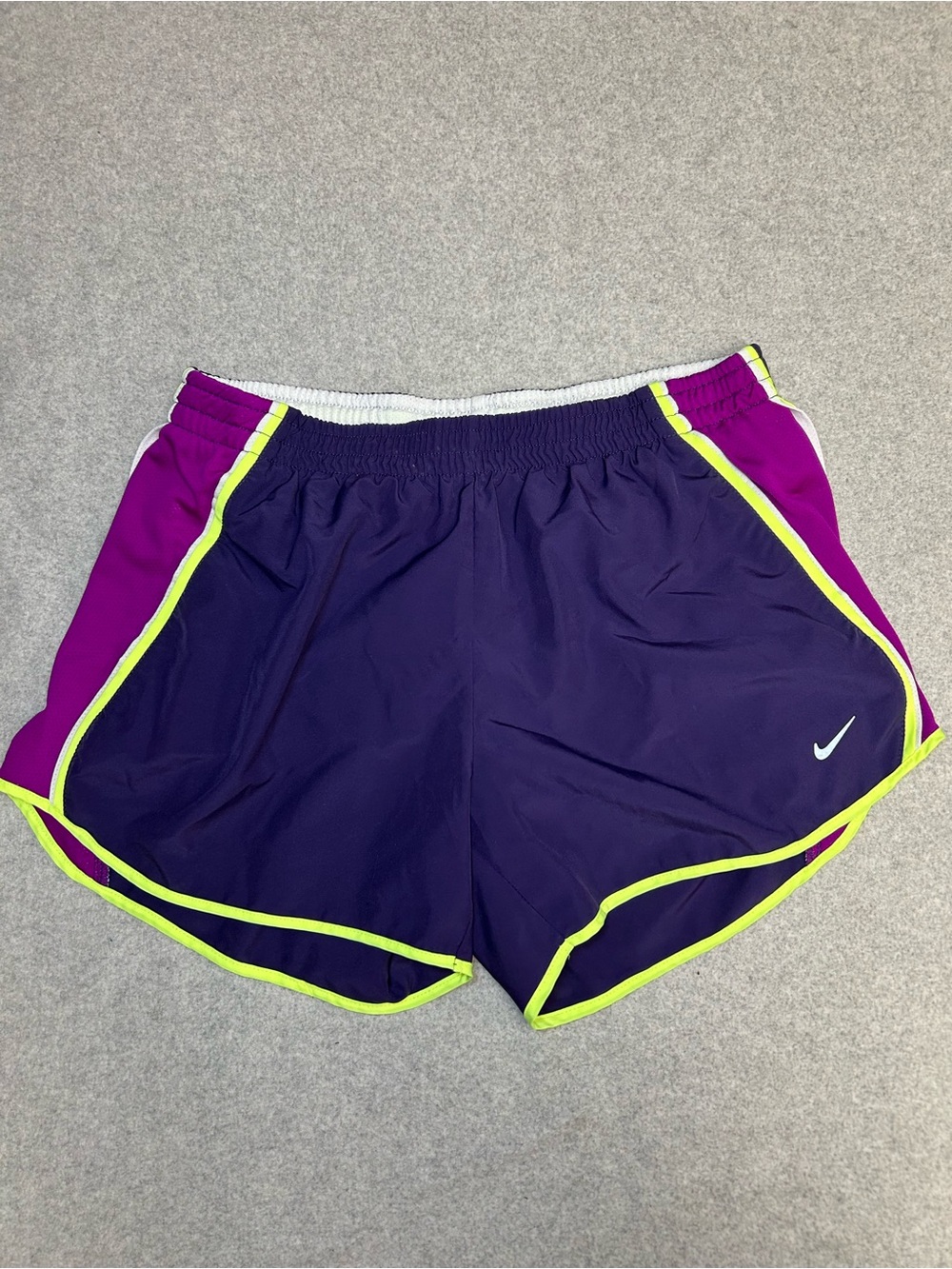 Nike Women's Purple & Magenta Athletic Shorts with Neon Yellow Trim Medium